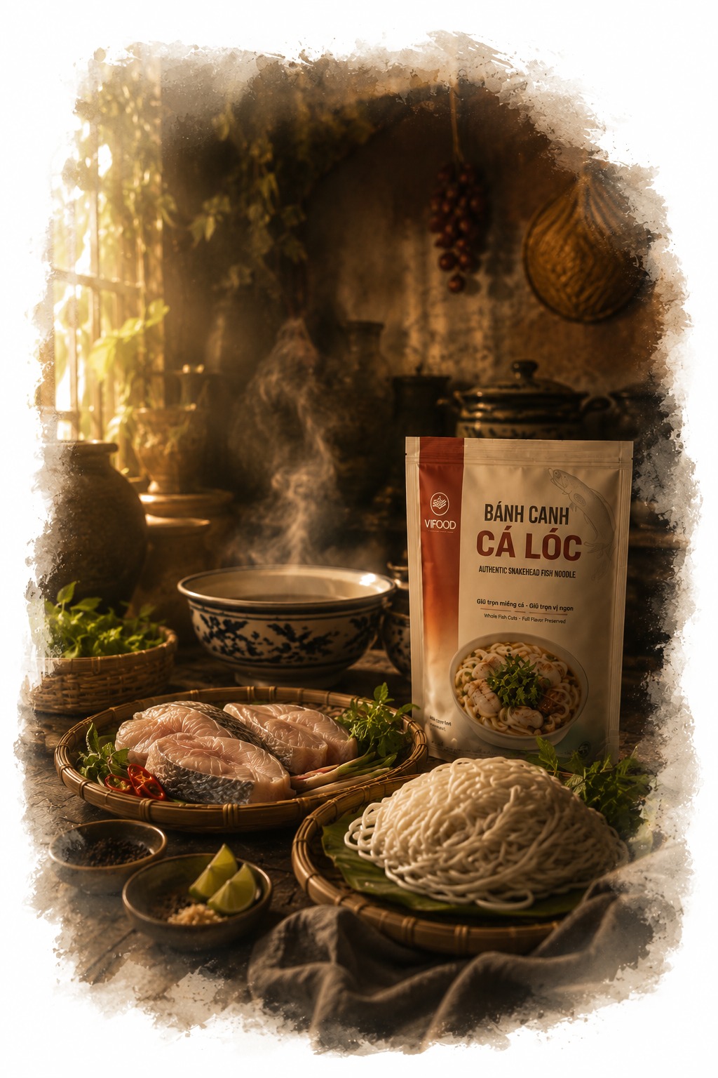 VIFOOD Banh Canh Ca Loc pack with fresh fish, noodles, and herbs in a sunlit traditional kitchen