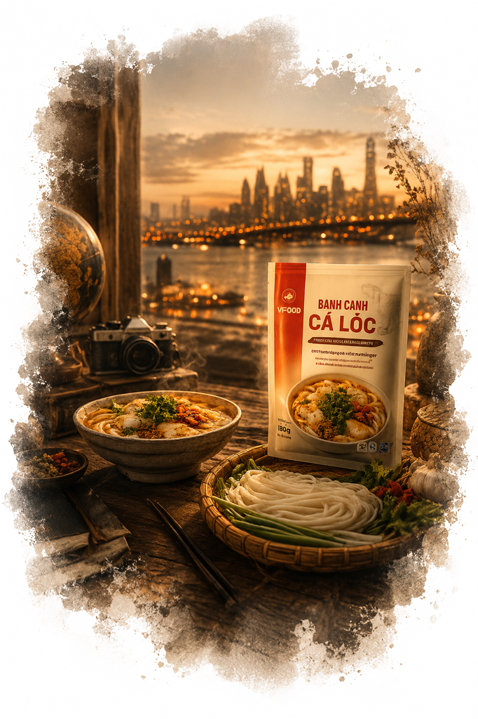 VIFOOD Banh Canh Ca Loc retail pack with steaming bowl, fresh noodles and herbs, vintage props, and golden city skyline through the window - heritage for modern living